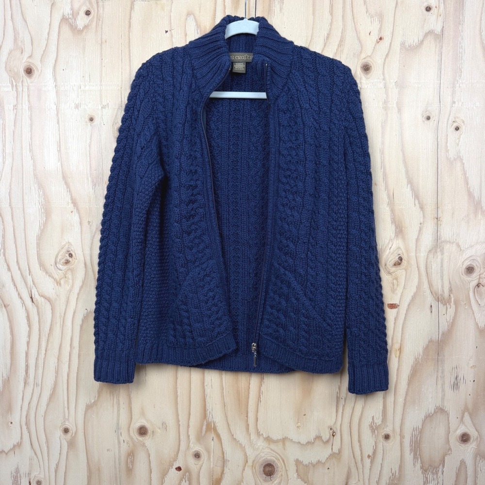Inis Crafts Zip Cardigan Sweater Womens S Navy Merino Wool Aran Cable Knit